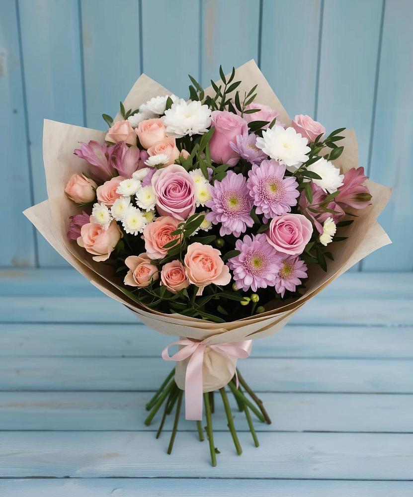 Букет цветов из: Хризантемы, Розы и Альстромерии в Сарс