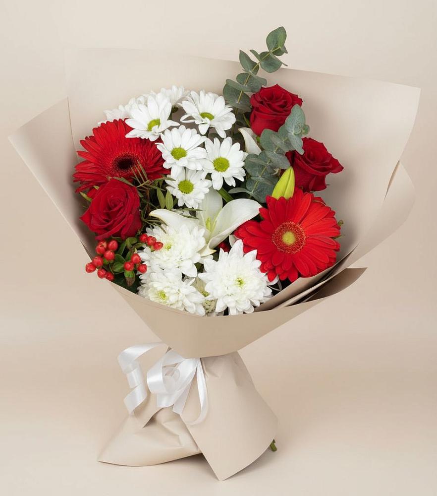 Букет цветов из: Розы, Хризантемы, Герберы и Лилии в Сарс